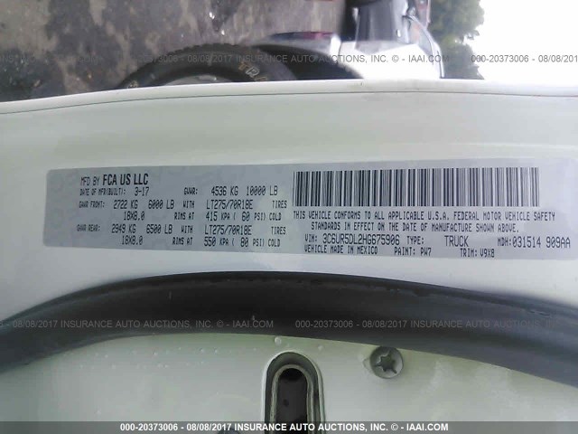 3C6UR5DL2HG675906 - 2017 DODGE 2500 WHITE photo 9