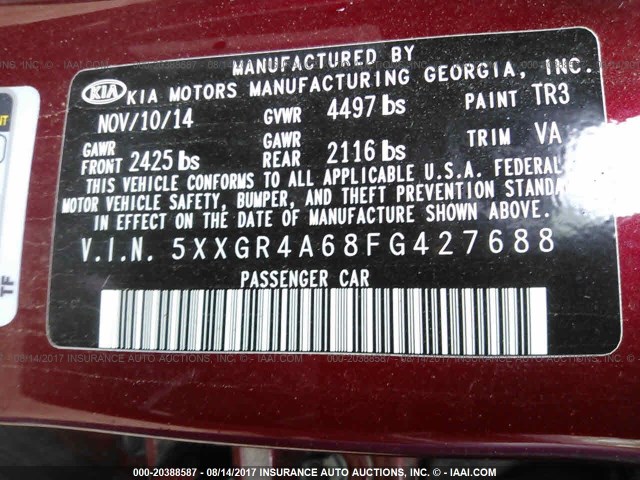 5XXGR4A68FG427688 - 2015 KIA OPTIMA SX MAROON photo 9