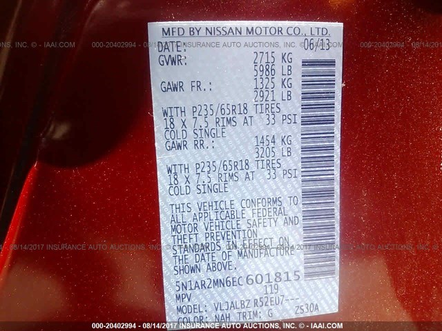 5N1AR2MN6EC601815 - 2014 NISSAN PATHFINDER S/SV/SL/PLATINUM RED photo 9