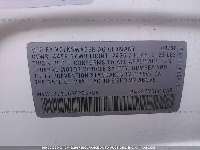 WVWJK73C68E205785 - 2008 VOLKSWAGEN PASSAT TURBO WHITE photo 9