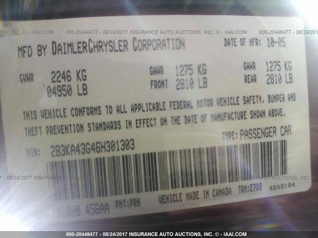 2B3KA43G46H301303 - 2006 DODGE CHARGER SE/SXT BURGUNDY photo 9