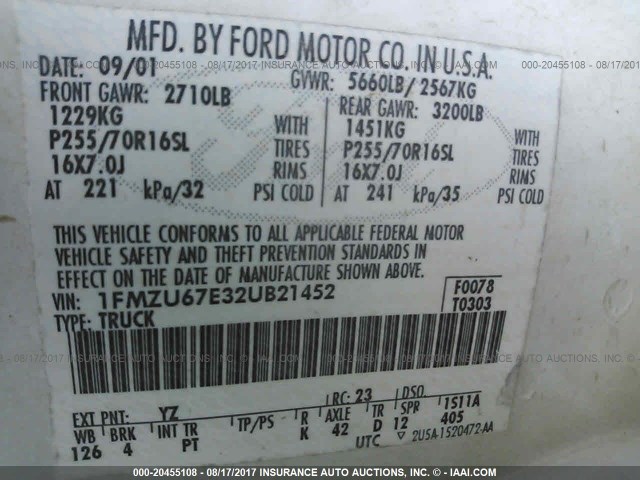 1FMZU67E32UB21452 - 2002 FORD EXPLORER SPORT TR  WHITE photo 9