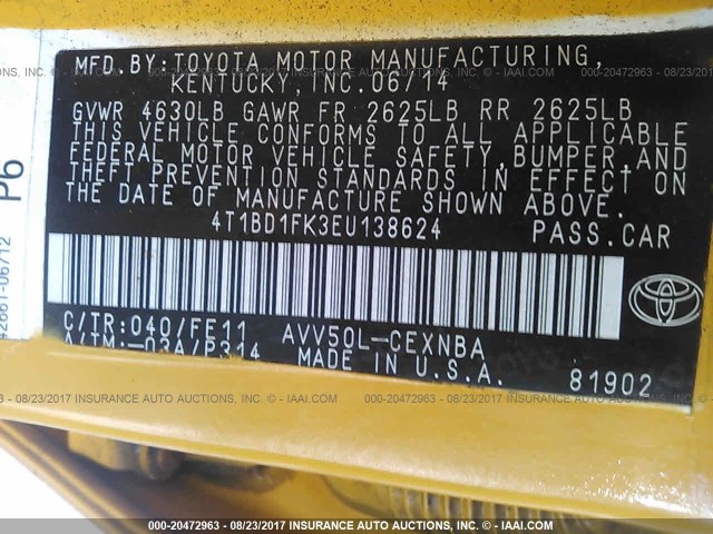 4T1BD1FK3EU138624 - 2014 TOYOTA CAMRY HYBRID/LE/XLE YELLOW photo 9