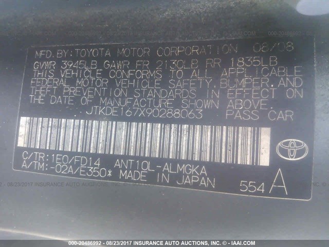 JTKDE167X90288063 - 2009 TOYOTA SCION TC ნაცრისფერი ფოტო 9