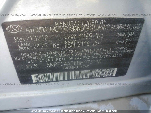 5NPEC4AC6BH073148 - 2011 HYUNDAI SONATA SE/LIMITED SILVER photo 9