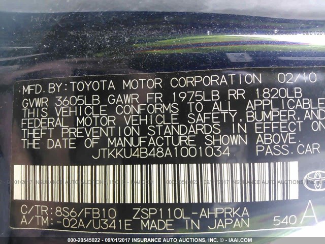 JTKKU4B48A1001034 - 2010 TOYOTA SCION XD BLUE photo 9