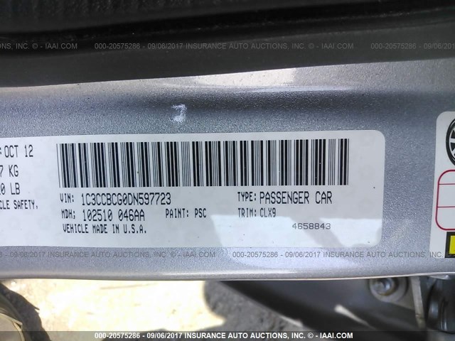 1C3CCBCG0DN597723 - 2013 CHRYSLER 200 LIMITED SILVER photo 9