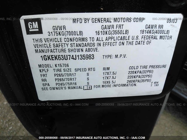 1GKEK63U74J135983 - 2004 GMC YUKON DENALI BLACK photo 9