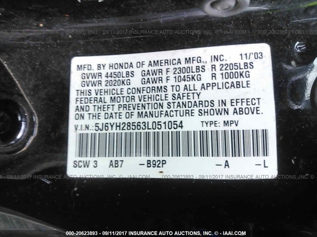 5J6YH28563L051054 - 2003 HONDA ELEMENT EX BLACK photo 9