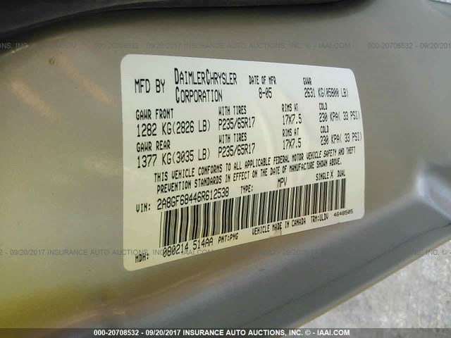 2A8GF68446R612538 - 2006 CHRYSLER PACIFICA TOURING GOLD photo 9