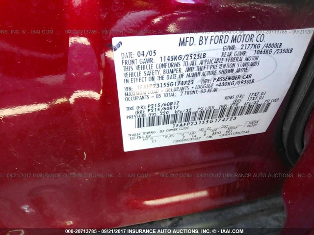 1FAFP23155G174723 - 2005 FORD FIVE HUNDRED SE MAROON photo 9