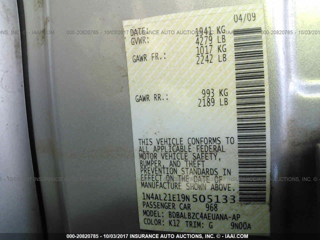 1N4AL21E19N505133 - 2009 NISSAN ALTIMA 2.5/2.5S SILVER photo 9