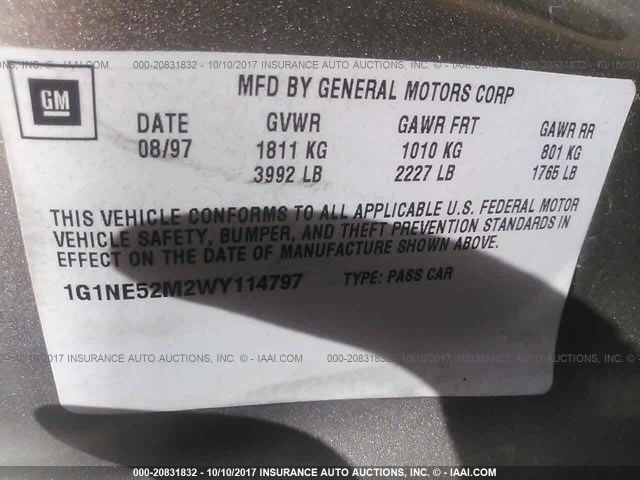 1G1NE52M2WY114797 - 1998 CHEVROLET MALIBU LS 米色 照片 9