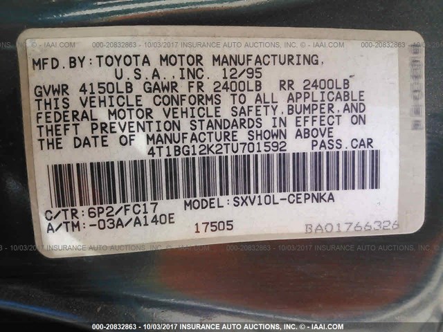 4T1BG12K2TU701592 - 1996 TOYOTA CAMRY DX/LE/XLE GREEN photo 9