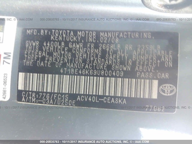 4T1BE46K69U800409 - 2009 TOYOTA CAMRY SE/LE/XLE BLUE photo 9