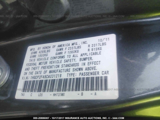 1HGCP2F48CA031219 - 2012 HONDA ACCORD LXP GRAY photo 9