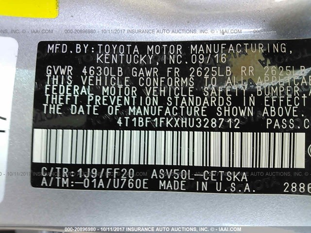 4T1BF1FKXHU328712 - 2017 TOYOTA CAMRY LE/XLE/SE/XSE SILVER photo 9