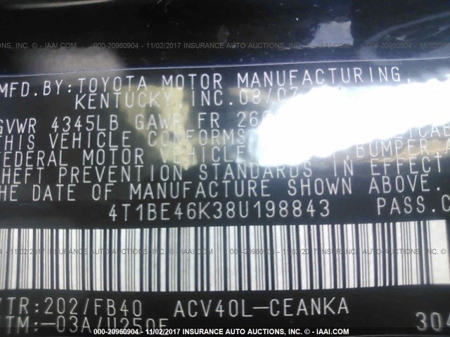 4T1BE46K38U198843 - 2008 TOYOTA CAMRY CE/LE/XLE/SE BLACK photo 9