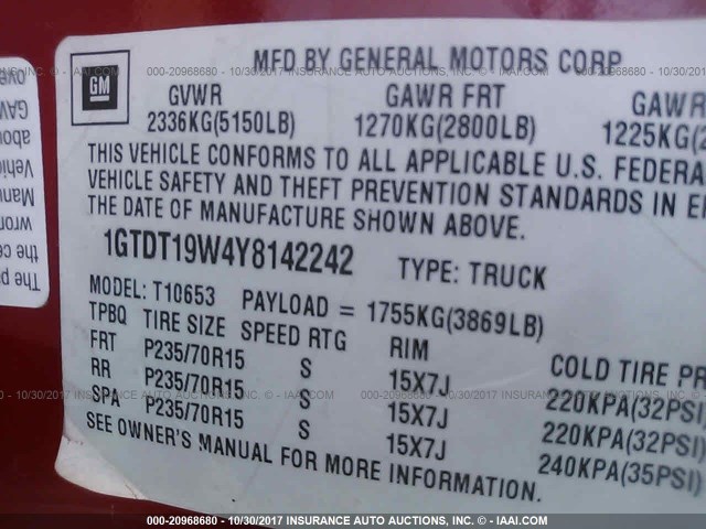 1GTDT19W4Y8142242 - 2000 GMC SONOMA RED photo 9