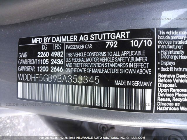 WDDHF5GB9BA353345 - 2011 MERCEDES-BENZ E 350 SILVER photo 9