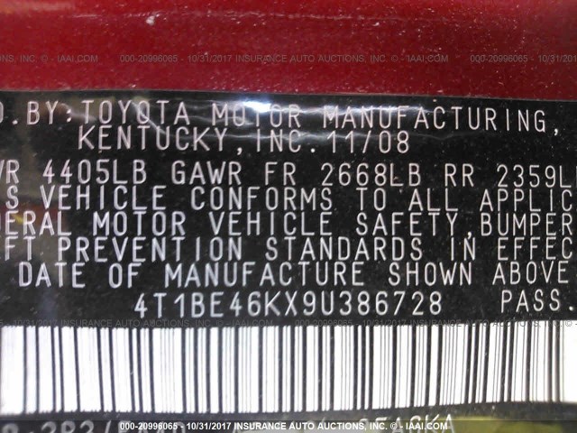 4T1BE46KX9U386728 - 2009 TOYOTA CAMRY SE/LE/XLE წითელი ფოტო 9