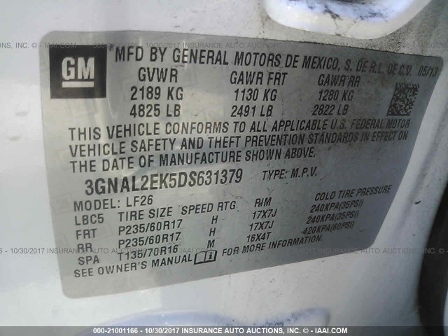 3GNAL2EK5DS631379 - 2013 CHEVROLET CAPTIVA LS 白色 照片 9