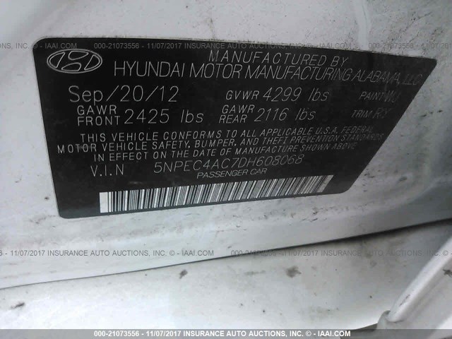 5NPEC4AC7DH608068 - 2013 HYUNDAI SONATA SE/LIMITED WHITE photo 9