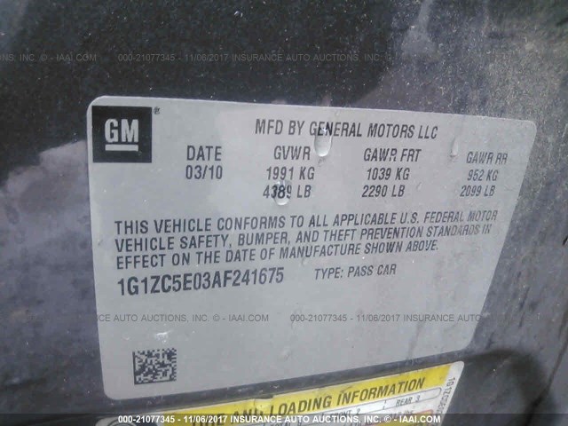 1G1ZC5E03AF241675 - 2010 CHEVROLET MALIBU 1LT GRAY photo 9