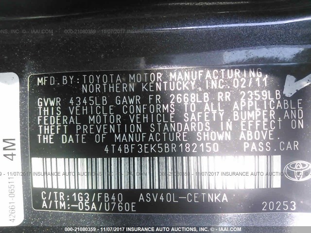 4T4BF3EK5BR182150 - 2011 TOYOTA CAMRY SE/LE/XLE GRAY photo 9