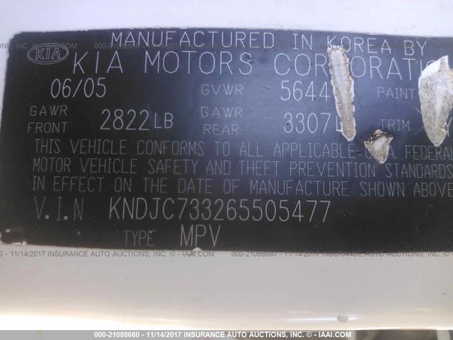 KNDJC733265505477 - 2006 KIA SORENTO EX/LX WHITE photo 9