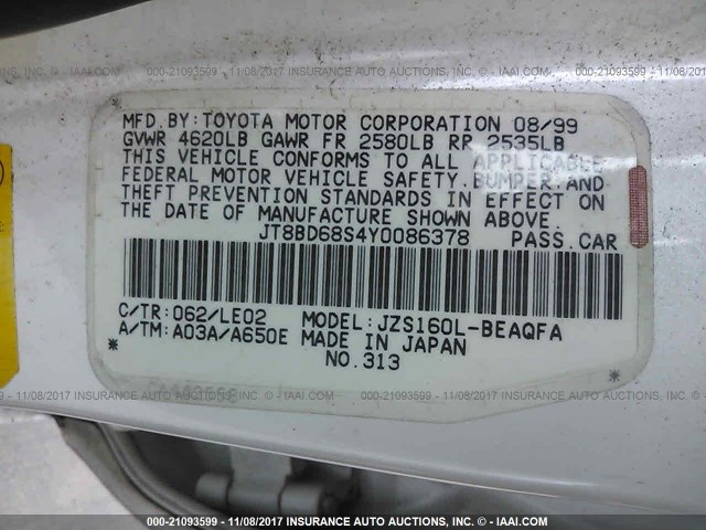 JT8BD68S4Y0086378 - 2000 LEXUS GS 300 WHITE photo 9