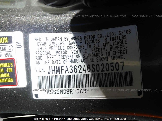 JHMFA36246S020507 - 2006 HONDA CIVIC HYBRID GRAY photo 9