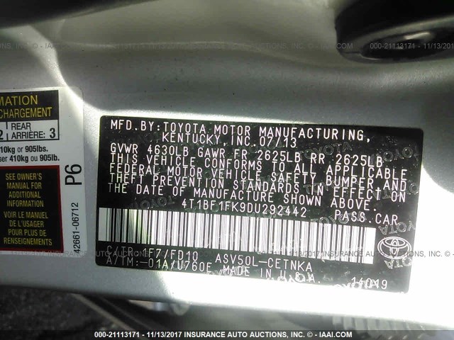 4T1BF1FK9DU292442 - 2013 TOYOTA CAMRY L/SE/LE/XLE 银色 照片 9