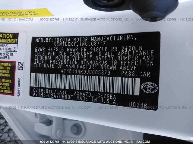 4T1B11HK9JU005379 - 2018 TOYOTA CAMRY L/LE/XLE/SE/XSE WHITE photo 9