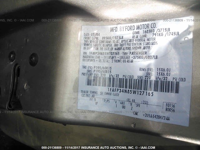 1FAFP34N85W127165 - 2005 FORD FOCUS ZX4 TAN photo 9