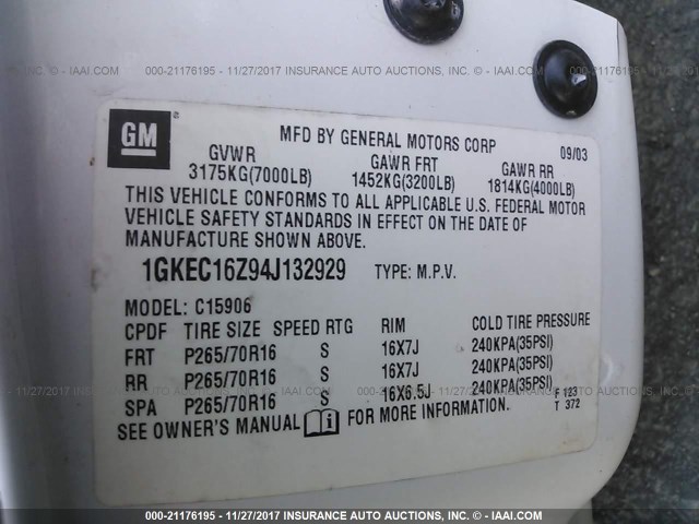 1GKEC16Z94J132929 - 2004 GMC YUKON XL C1500 WHITE photo 9