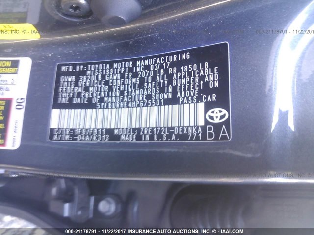 5YFBURHE4HP675501 - 2017 TOYOTA COROLLA L/LE/XLE/SE/XSE BLUE photo 9