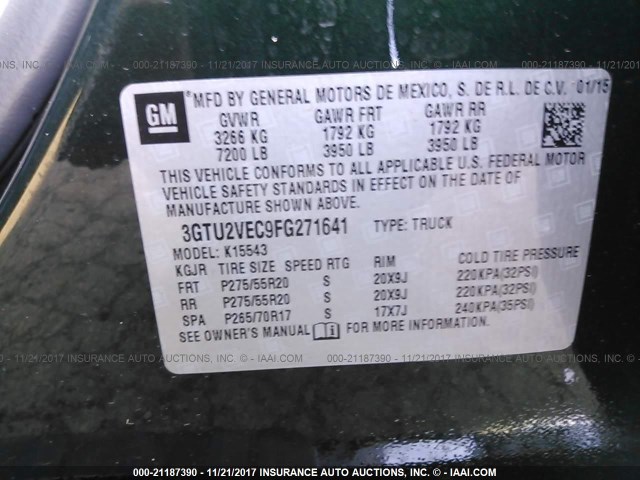 3GTU2VEC9FG271641 - 2015 GMC SIERRA K1500 SLT GREEN photo 9