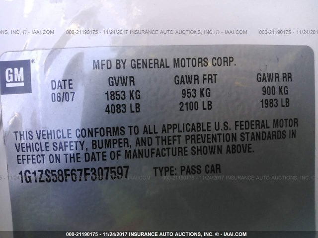1G1ZS58F67F307597 - 2007 CHEVROLET MALIBU LS WHITE photo 9