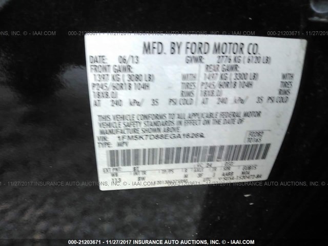 1FM5K7D88EGA16269 - 2014 FORD EXPLORER XLT BLACK photo 9