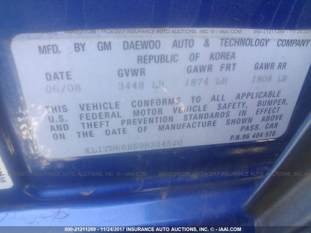 KL1TD66E69B334520 - 2009 CHEVROLET AVEO LS/LT BLUE photo 9