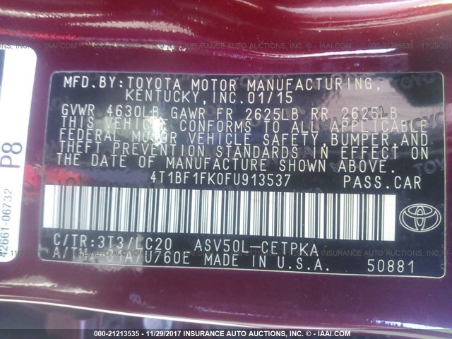 4T1BF1FK0FU913537 - 2015 TOYOTA CAMRY LE/XLE/SE/XSE RED photo 9