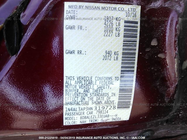 1N4AL3AP3HN319728 - 2017 NISSAN ALTIMA 2.5/S/SV/SL/SR MAROON photo 9