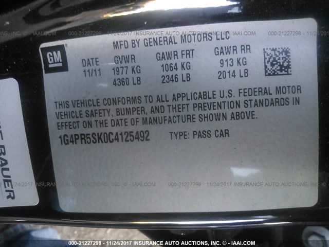 1G4PR5SK0C4125492 - 2012 BUICK VERANO CONVENIENCE BLACK photo 9