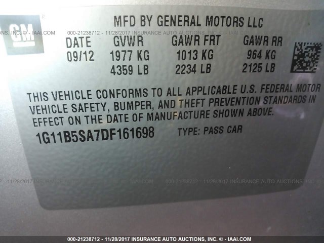 1G11B5SA7DF161698 - 2013 CHEVROLET MALIBU LS 银色 照片 9