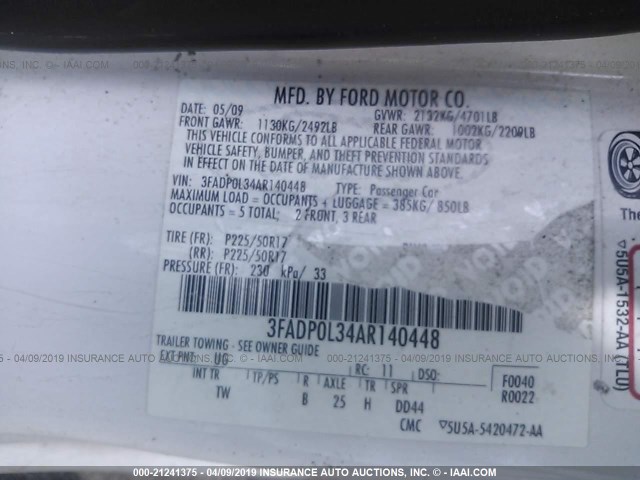 3FADP0L34AR140448 - 2010 FORD FUSION HYBRID WHITE photo 9