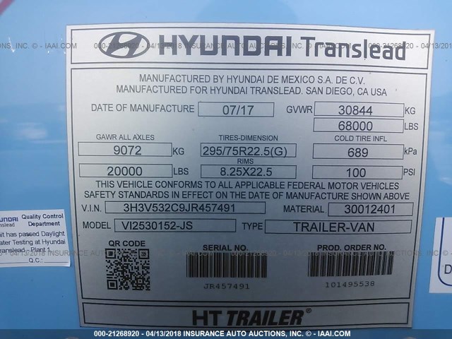 3H3V532C9JR457491 - 2018 HYUNDAI STEEL INDUSTRIES VAN  Blau Foto 9