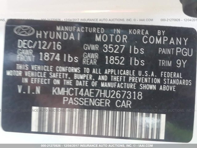 KMHCT4AE7HU267318 - 2017 HYUNDAI ACCENT SE WHITE photo 9