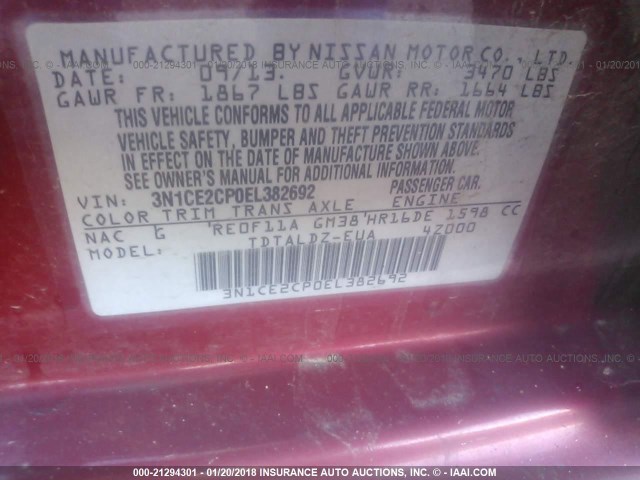 3N1CE2CP0EL382692 - 2014 NISSAN VERSA NOTE S/S PLUS/SV/SL RED photo 9