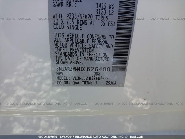 5N1AR2MM4EC626400 - 2014 NISSAN PATHFINDER S/SV/SL/PLATINUM WHITE photo 9